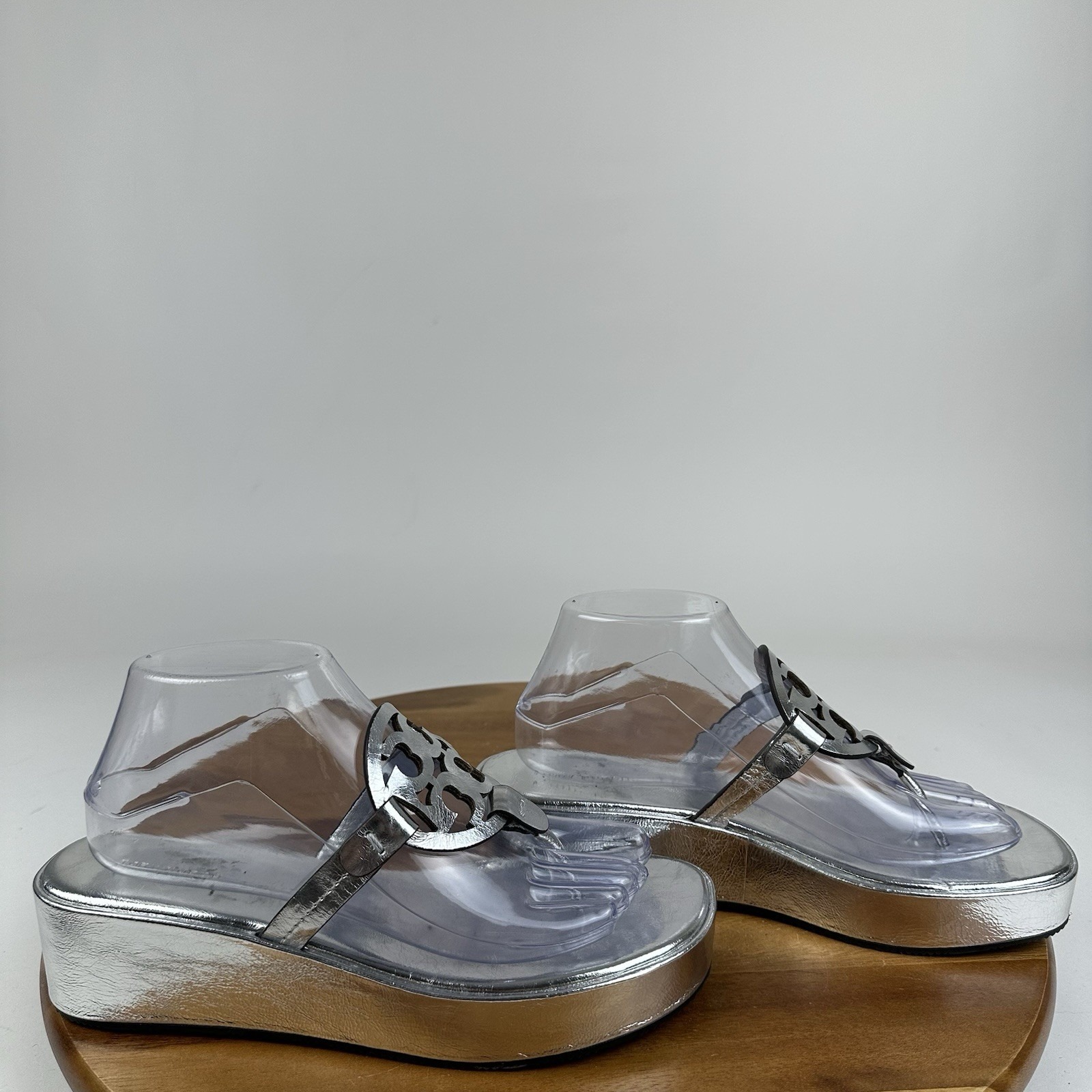 Womens Tory Burch Miller Platform Metallic Silver Leather Wedge Sandals Size 8.5